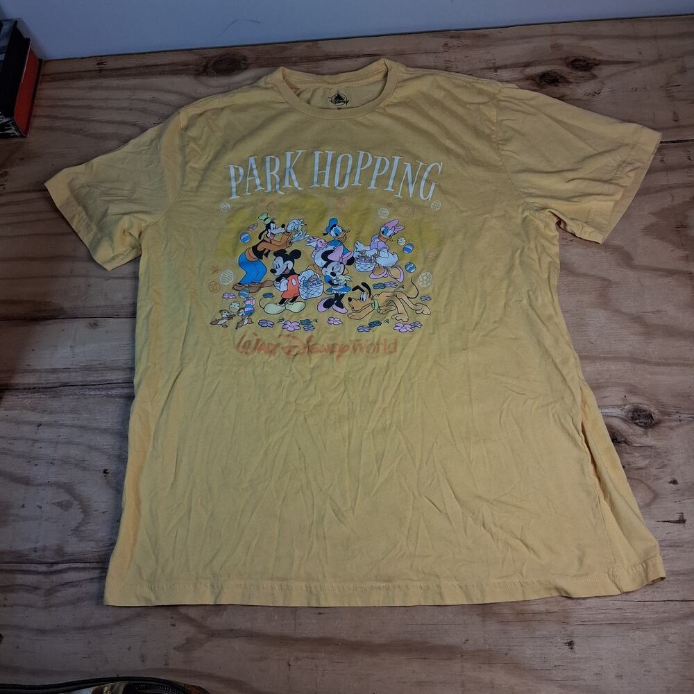 Disney Womens Tee Shirt Sz XL Yellow Easter Park Hopping Tee Mickey Donald Goofy